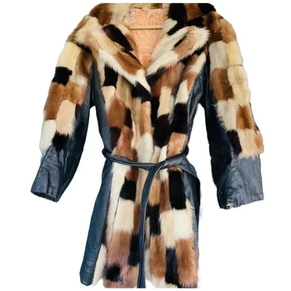 FUR COAT Genuine Y2K Vintage Rabbit Fur Leather Patchwork Long Belted Winter Coa
